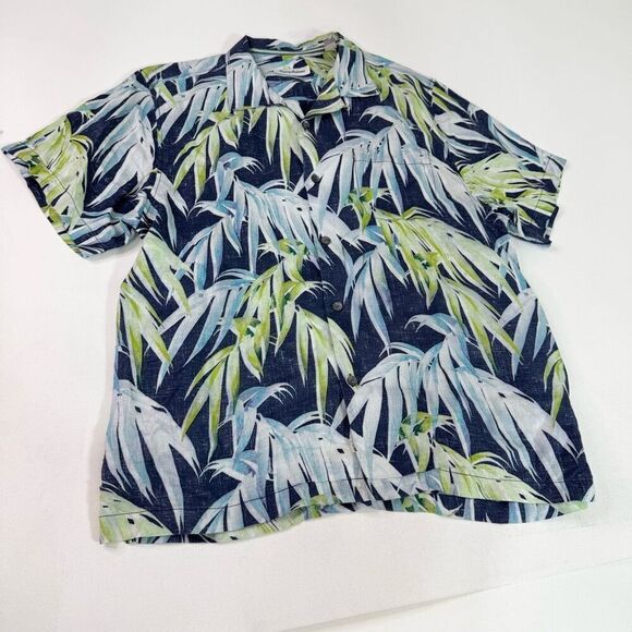 Tommy Bahama Shirt Men Large Blue Linen Floral Hawaiian Button Up Tropical Beach - Picture 1 of 9